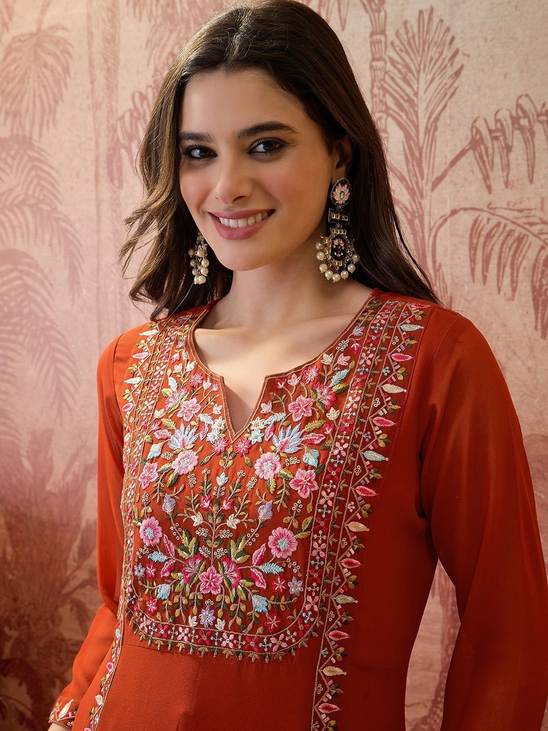 Embroidered Round Neck Kurta & Palazzos - Image 3