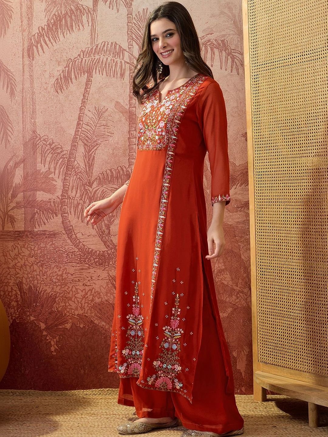 Embroidered Round Neck Kurta & Palazzos - Image 6
