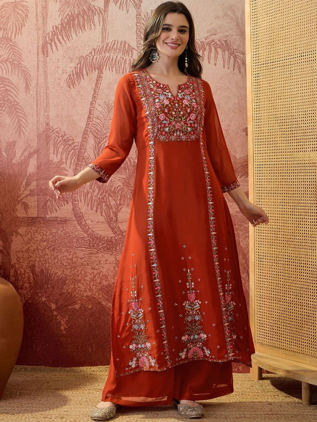 Embroidered Round Neck Kurta & Palazzos - Image 7