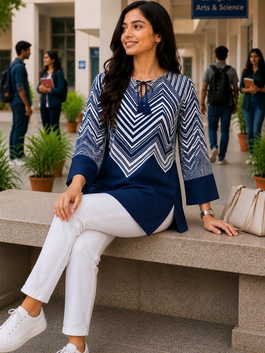 Women Geometric Printed Round Neck Rayon Regular Kurti