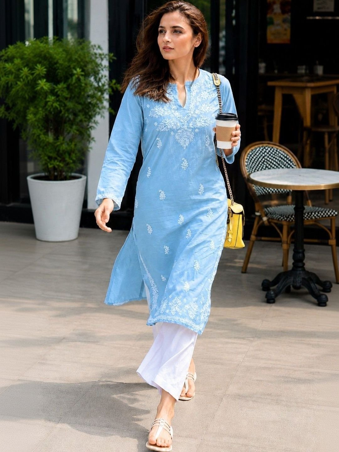 Ethnic Motifs Embroidered V-Neck Chikankari Chikankari Kurti - Image 3