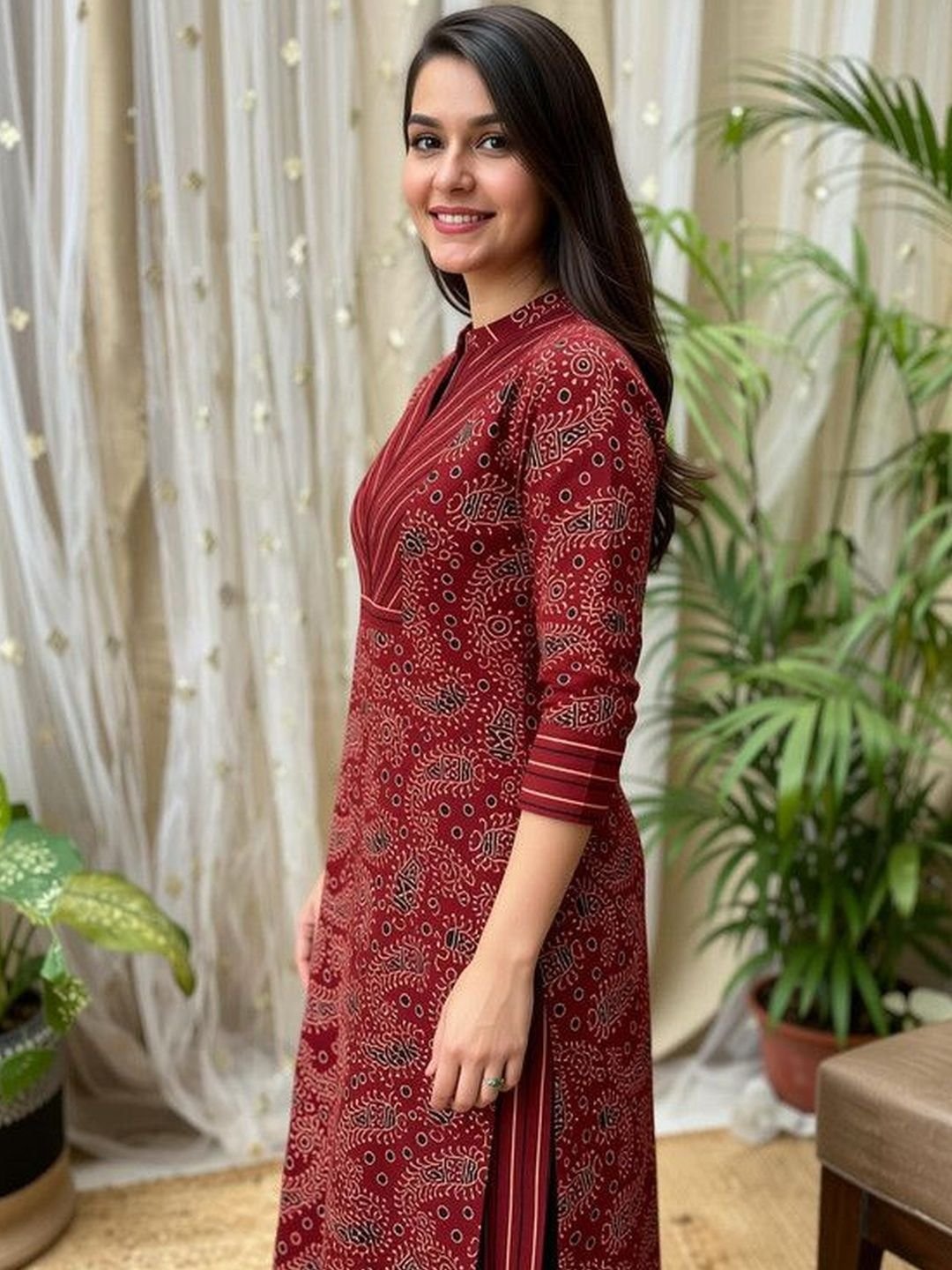 Floral Printed Boat Neck Kurti - Image 2