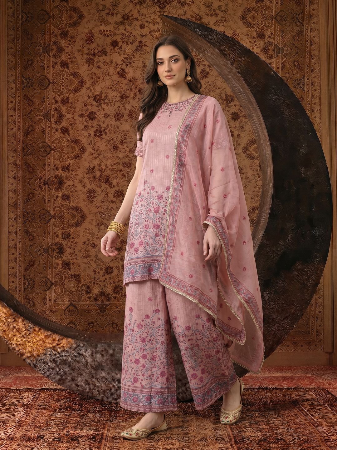 Jashn Floral Printed Regular Sequinned Kurta with Palazzos & Dupatta