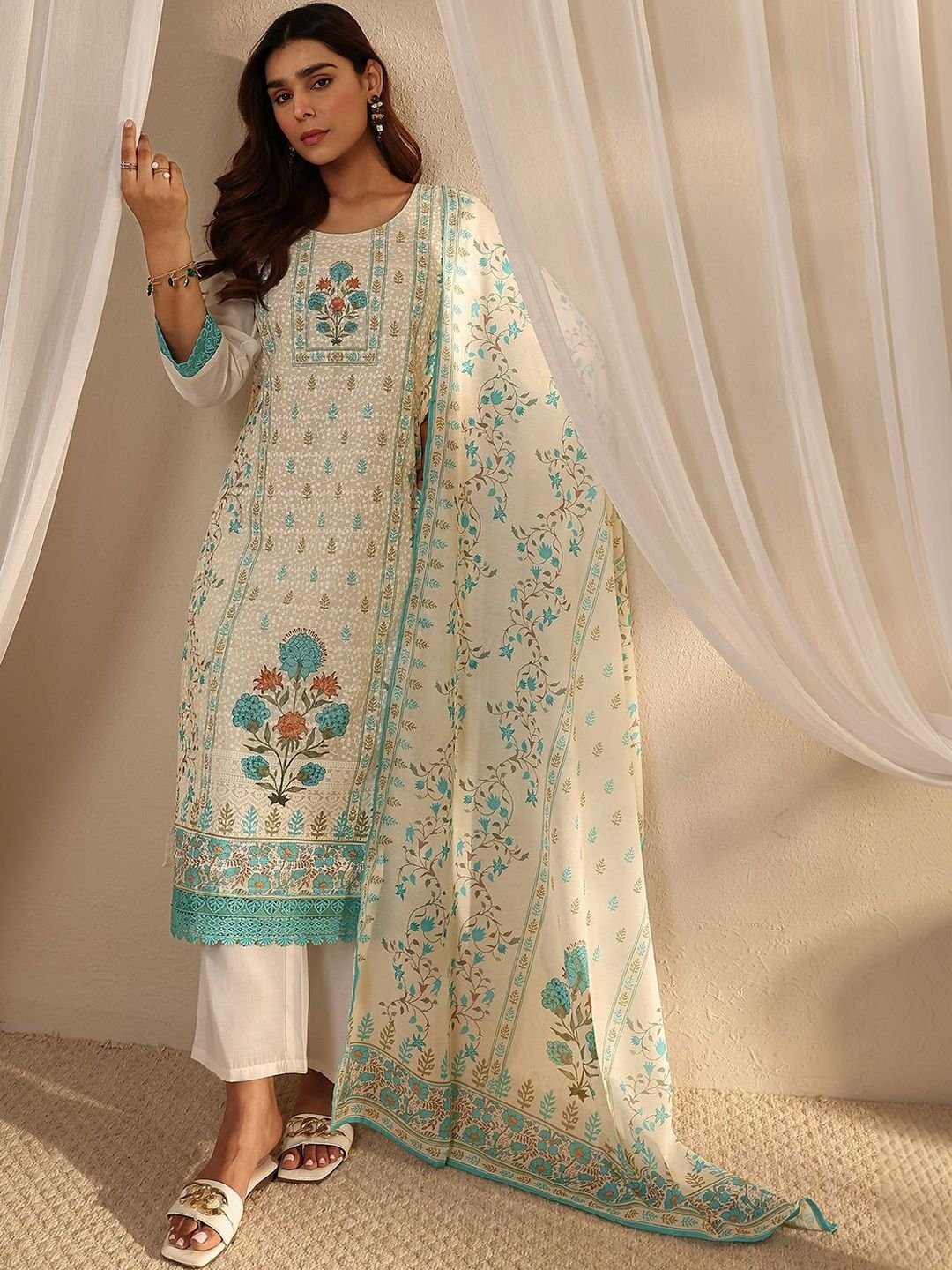 White Floral Printed Straight Suit Set with Dupatta