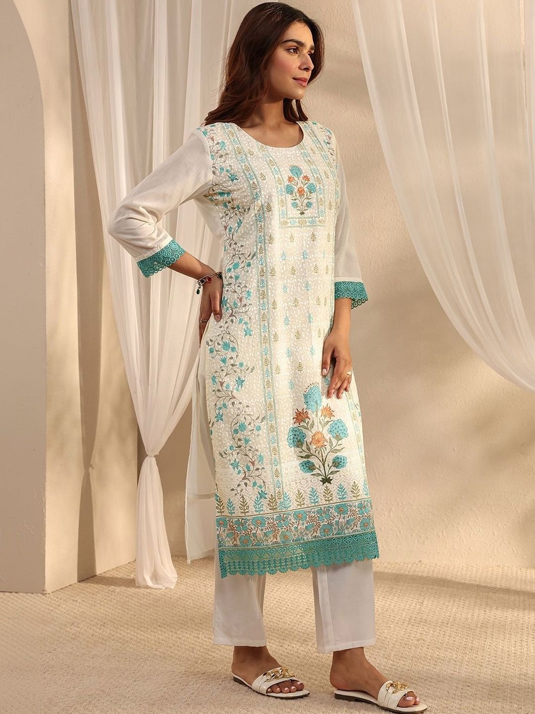 White Floral Printed Straight Suit Set with Dupatta - Image 4