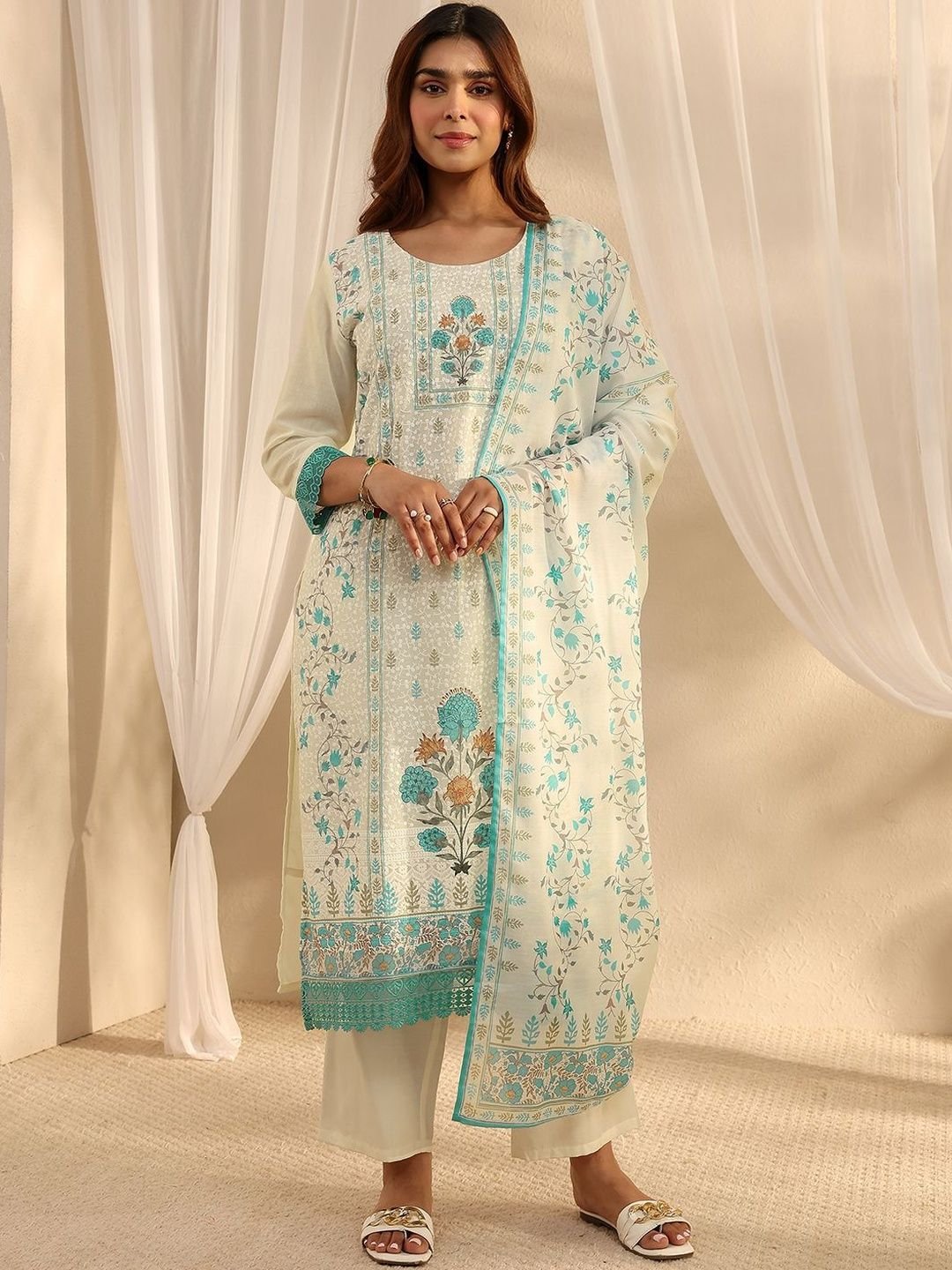 White Floral Printed Straight Suit Set with Dupatta - Image 7