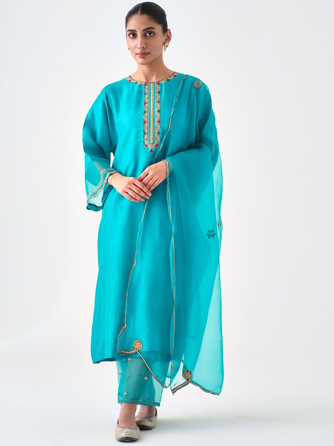Women Ethnic Motifs Embroidered Regular Dupion Silk Kurta with Trousers & With Dupatta