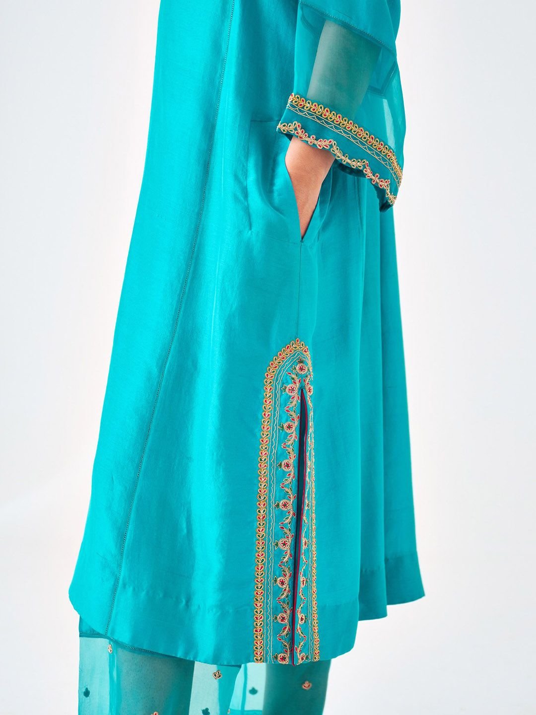 Women Ethnic Motifs Embroidered Regular Dupion Silk Kurta with Trousers & With Dupatta - Image 6