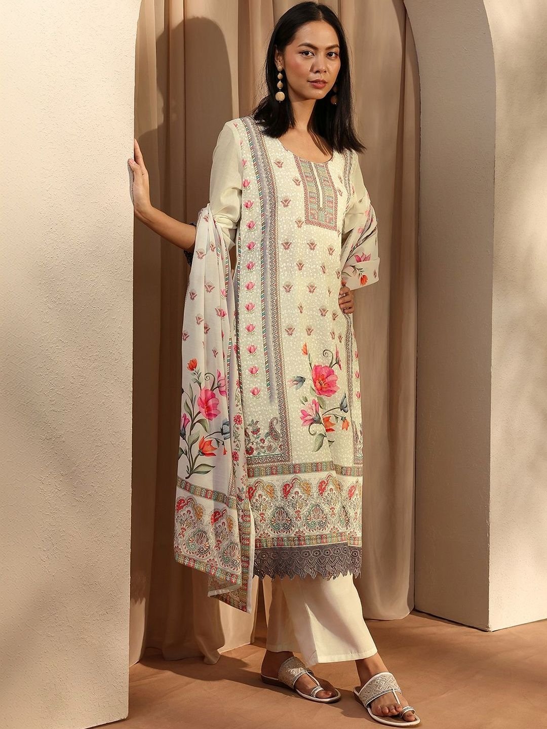 White Floral Printed Straight Suit Set With Dupatta