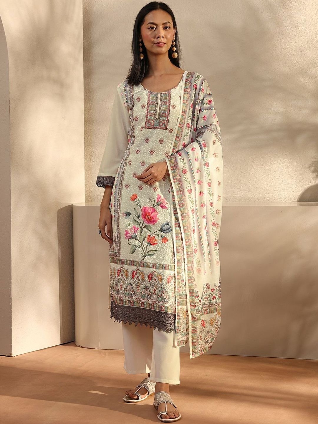 White Floral Printed Straight Suit Set With Dupatta - Image 7