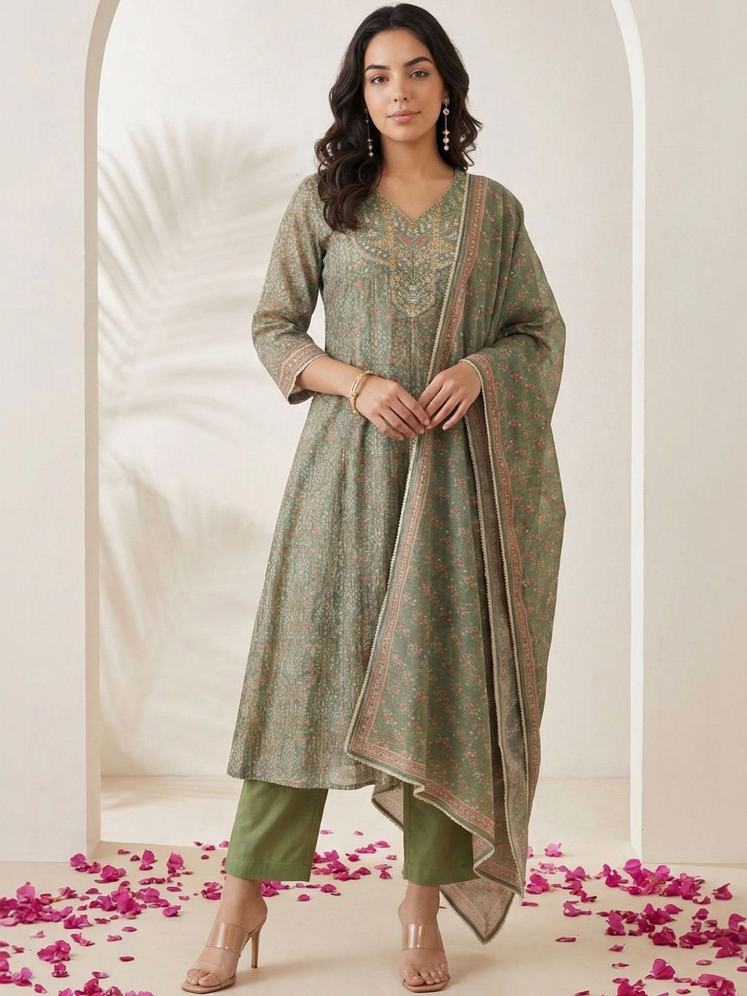 Women Floral Printed Mirror Work Chanderi Cotton Kurta with Trousers & With Dupatta