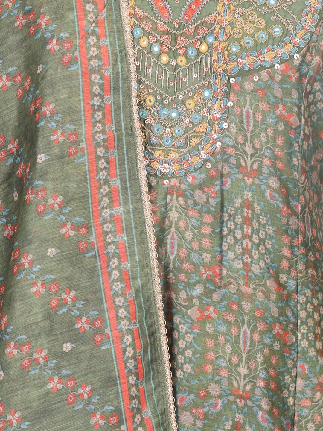Women Floral Printed Mirror Work Chanderi Cotton Kurta with Trousers & With Dupatta - Image 2