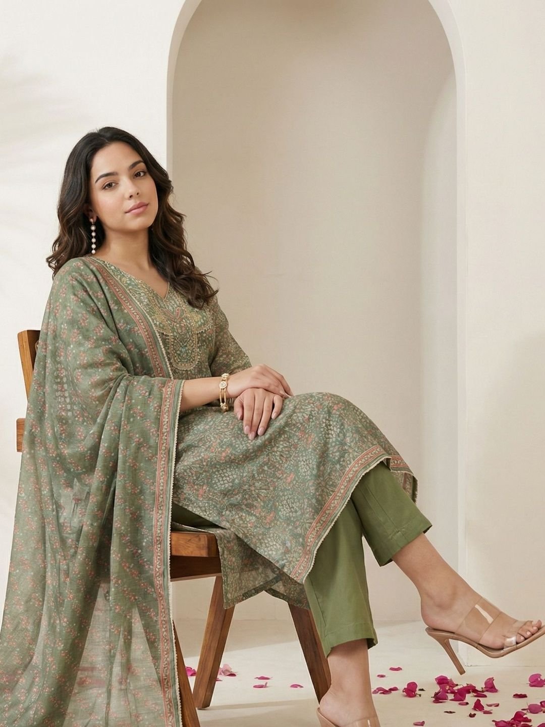 Women Floral Printed Mirror Work Chanderi Cotton Kurta with Trousers & With Dupatta - Image 3