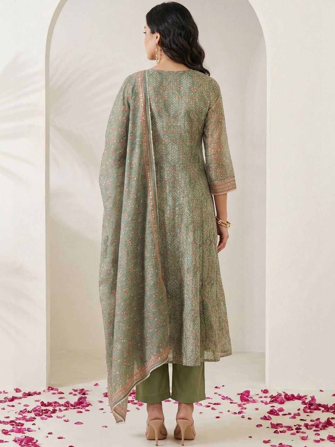 Women Floral Printed Mirror Work Chanderi Cotton Kurta with Trousers & With Dupatta - Image 4