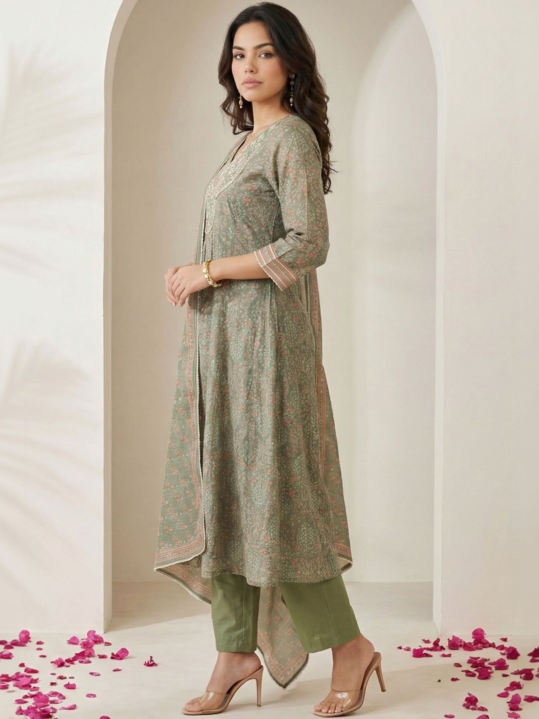 Women Floral Printed Mirror Work Chanderi Cotton Kurta with Trousers & With Dupatta - Image 5