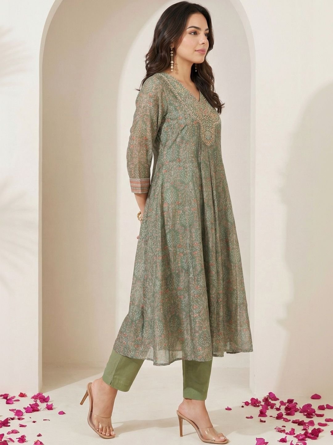 Women Floral Printed Mirror Work Chanderi Cotton Kurta with Trousers & With Dupatta - Image 6