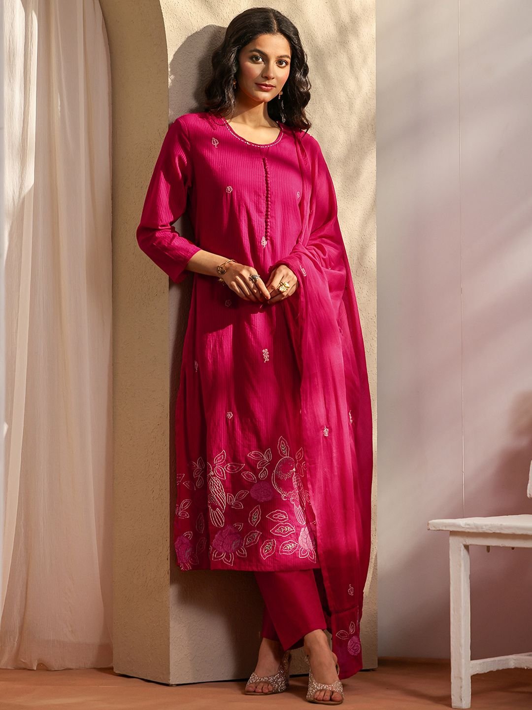 Pink Embroidered Cotton Straight Suit Set with Dupatta - Image 2