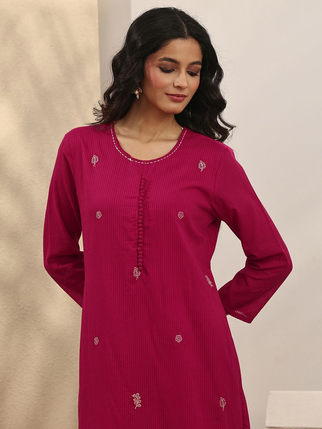 Pink Embroidered Cotton Straight Suit Set with Dupatta - Image 3