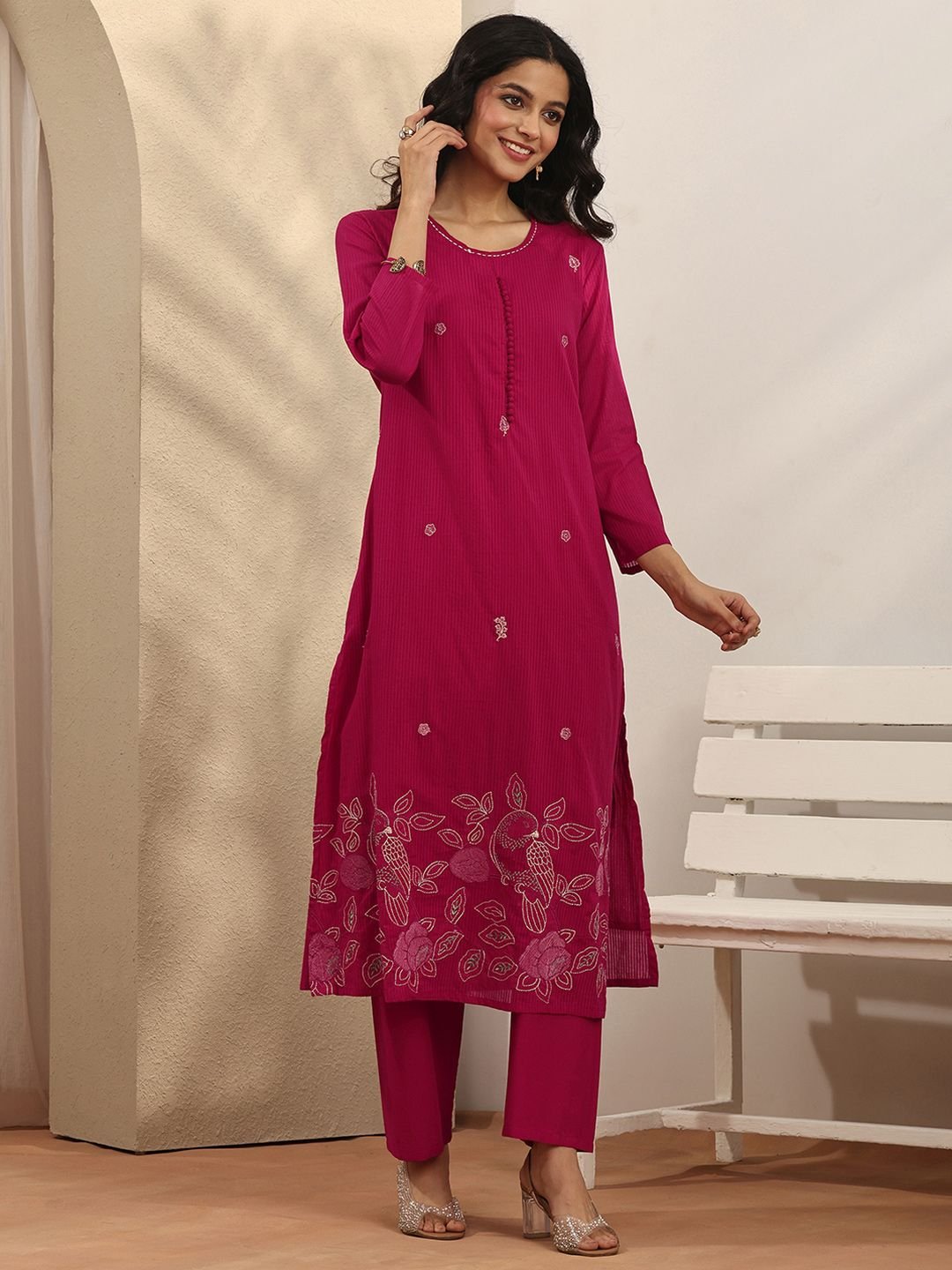 Pink Embroidered Cotton Straight Suit Set with Dupatta - Image 4