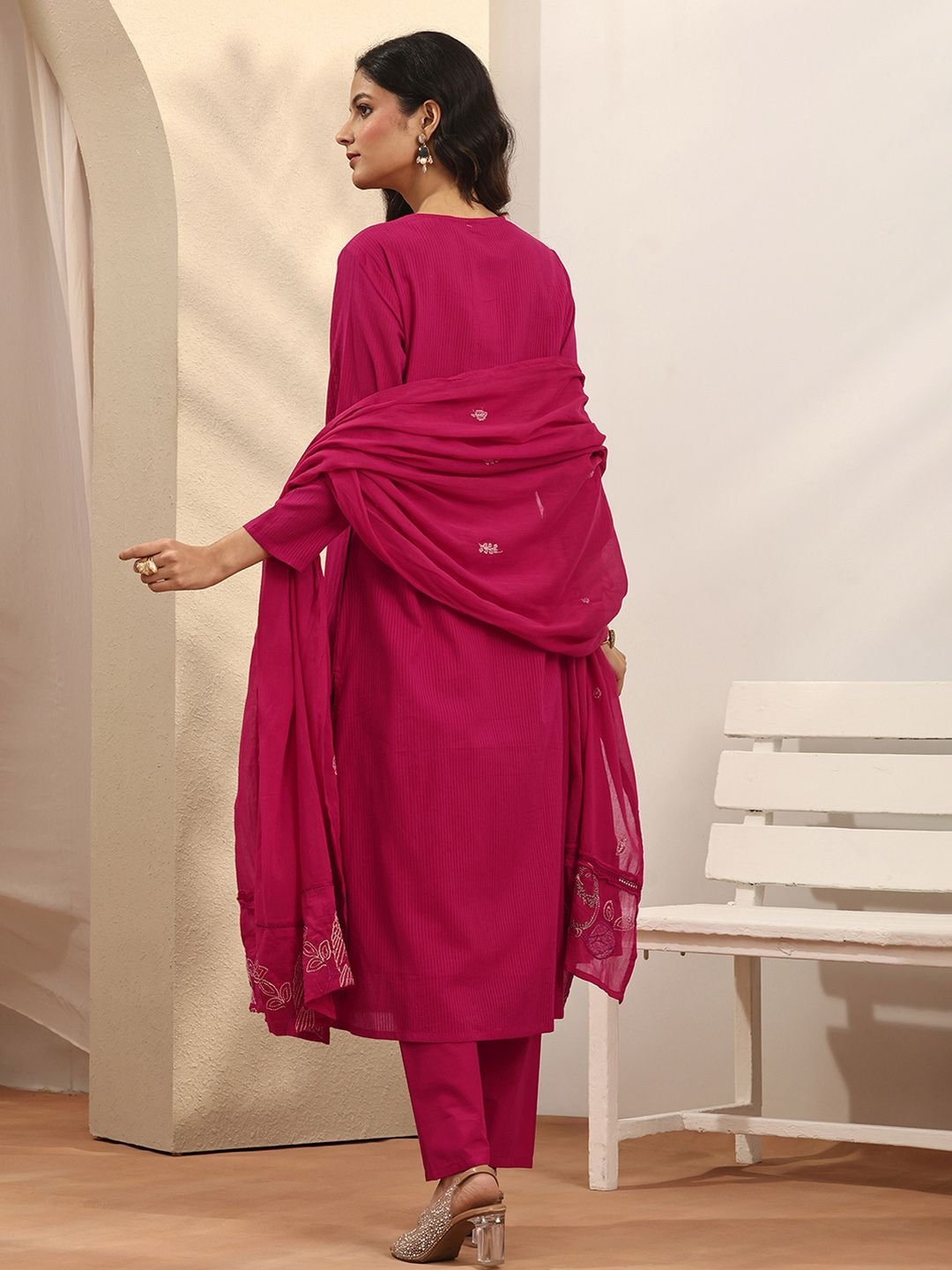 Pink Embroidered Cotton Straight Suit Set with Dupatta - Image 5