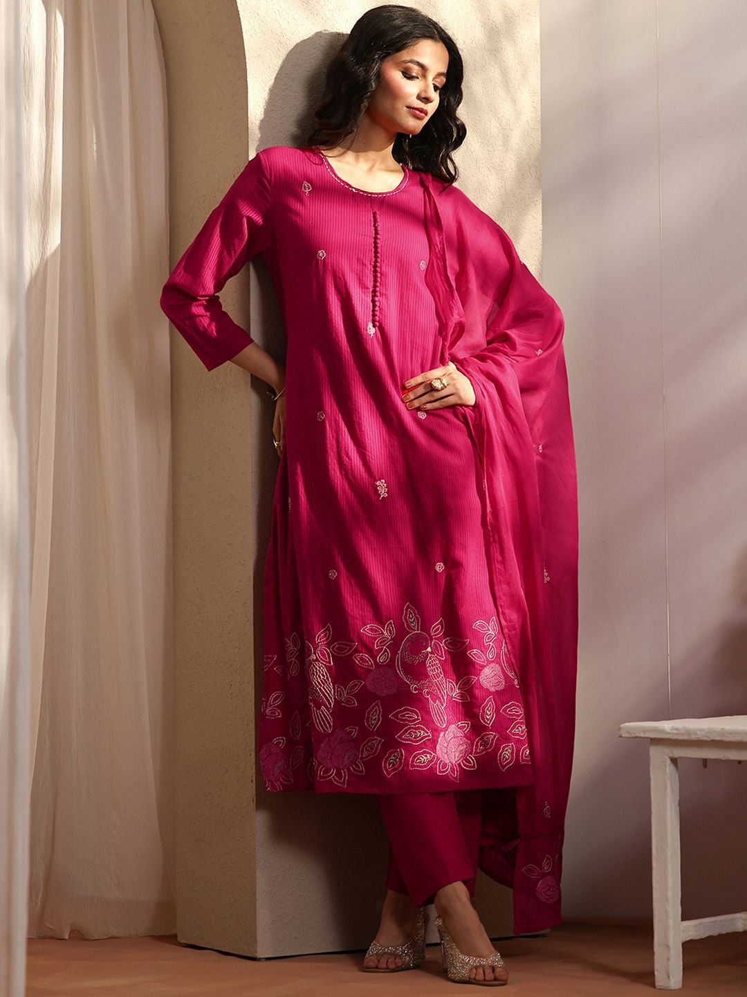 Pink Embroidered Cotton Straight Suit Set with Dupatta - Image 6