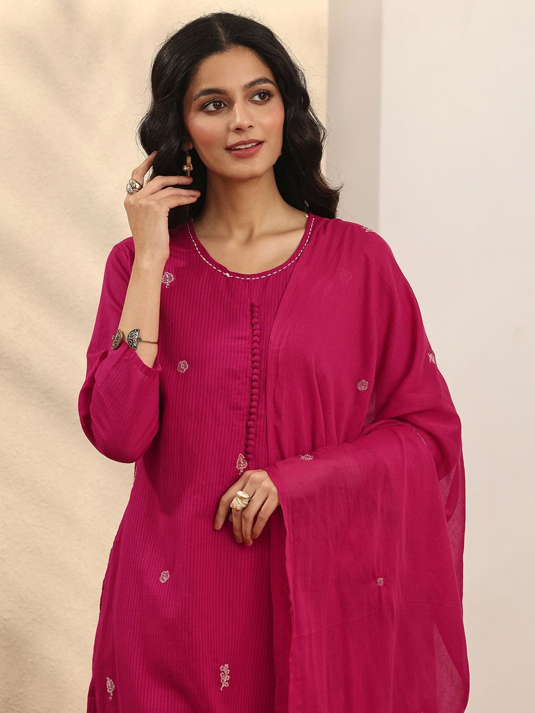Pink Embroidered Cotton Straight Suit Set with Dupatta - Image 7
