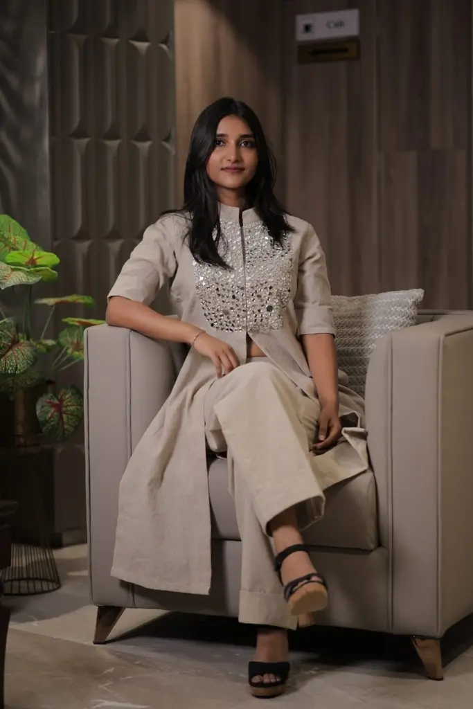 Grey beige linen kurta pant set